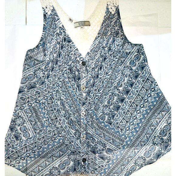 Guess Los Angeles XS Blue White Crochet Sleeveless Tank Top Button Front V Neck - Picture 3 of 7